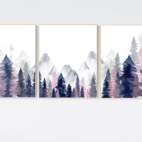 Nursery decor woodland, mountain wall art, tree nursery decor, adventure theme nursery, forest, navy and pink, woodland animals, navy pink