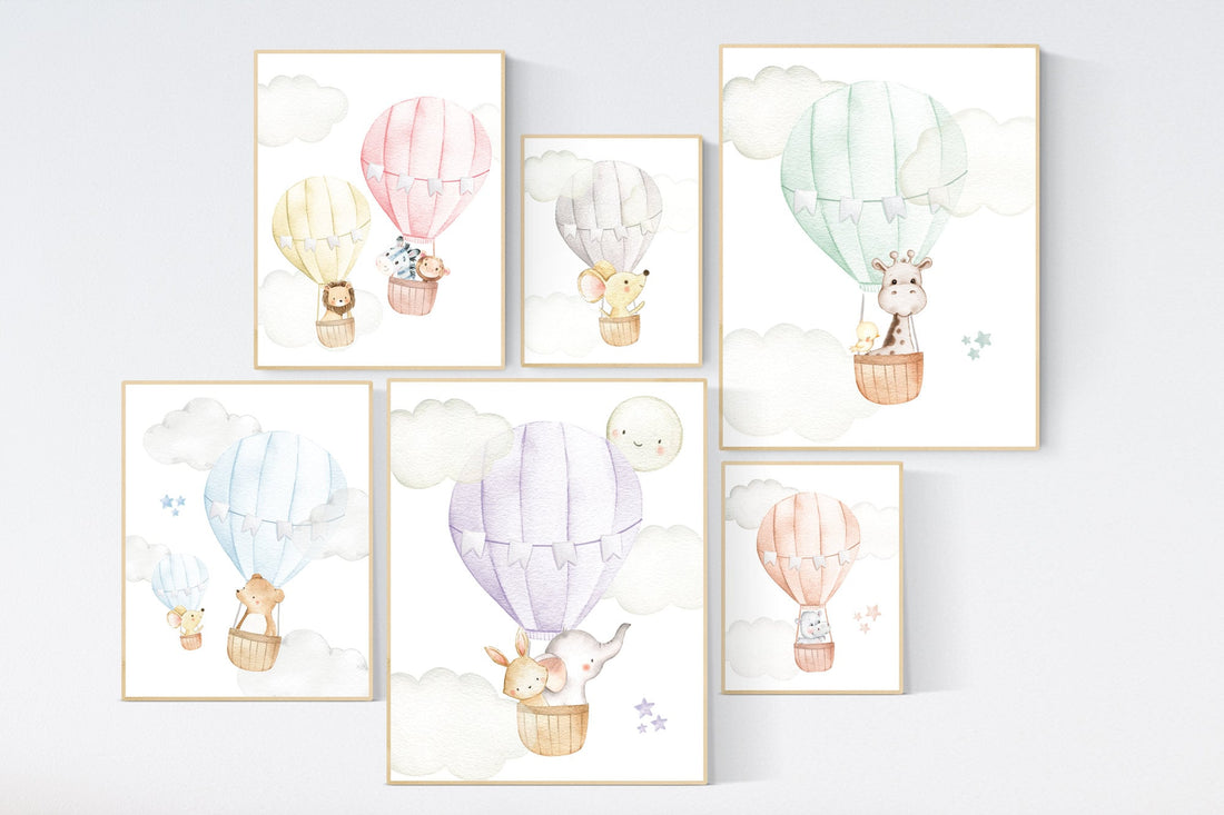 Nursery decor animals, hot air balloon, gender neutral, nursery decor, animal nursery, neutral nursery, animal nursery, nursery art