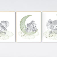 Sage green nursery decor, elephant nursery, gender neutral prints, nursery wall art, animal prints, green nursery wall art, baby room