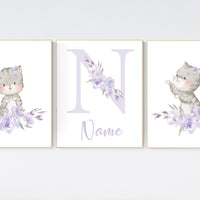 Cat nursery print, kitten nursery print, floral nursery, nursery decor girl, nursery art girl, cat print, kittens, purple and grey, lavender