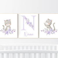 Cat nursery print, kitten nursery print, floral nursery, nursery decor girl, nursery art girl, cat print, kittens, purple and grey, lavender