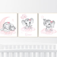 Nursery wall art girl elephant, pink and grey, nursery decor girl pink, moon, stars, nursery prints, baby room decor, girl nursery, animals