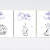 Girl nursery decor, purple nursery, animal prints for nursery, lavender nursery, animal nursery prints, balloon nursery, girls room decor