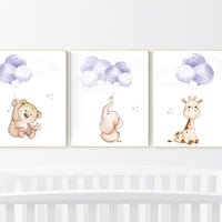 Nursery decor girl purple, animal prints for nursery, lavender nursery, animal nursery prints, balloon nursery, girl nursery room decor