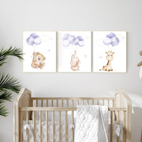 Nursery decor girl purple, animal prints for nursery, lavender nursery, animal nursery prints, balloon nursery, girl nursery room decor