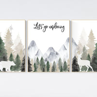 Nursery decor woodland, mountain wall art, tree nursery decor, adventure theme nursery, forest nursery, sage green, woodland animals