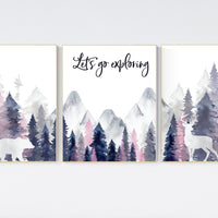 Woodland nursery, girl nursery decor, pink and navy nursery, mountain wall art, tree nursery decor, forest nursery, girl nursery decor