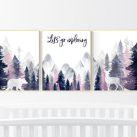 Woodland nursery, girl nursery decor, pink and navy nursery, mountain wall art, tree nursery decor, forest nursery, girl nursery decor