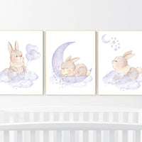 Nursery decor girl, bunny nursery decor, purple nursery decor, lilac nursery decor girl, lavender nursery, rabbit nursery art, set of 3