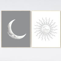 Grey nursery decor, gray nursery decor, sun and moon, grey, moon and stars nursery, gender neutral nursery wall art, sunshine, moon