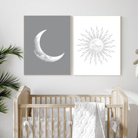 Grey nursery decor, gray nursery decor, sun and moon, grey, moon and stars nursery, gender neutral nursery wall art, sunshine, moon