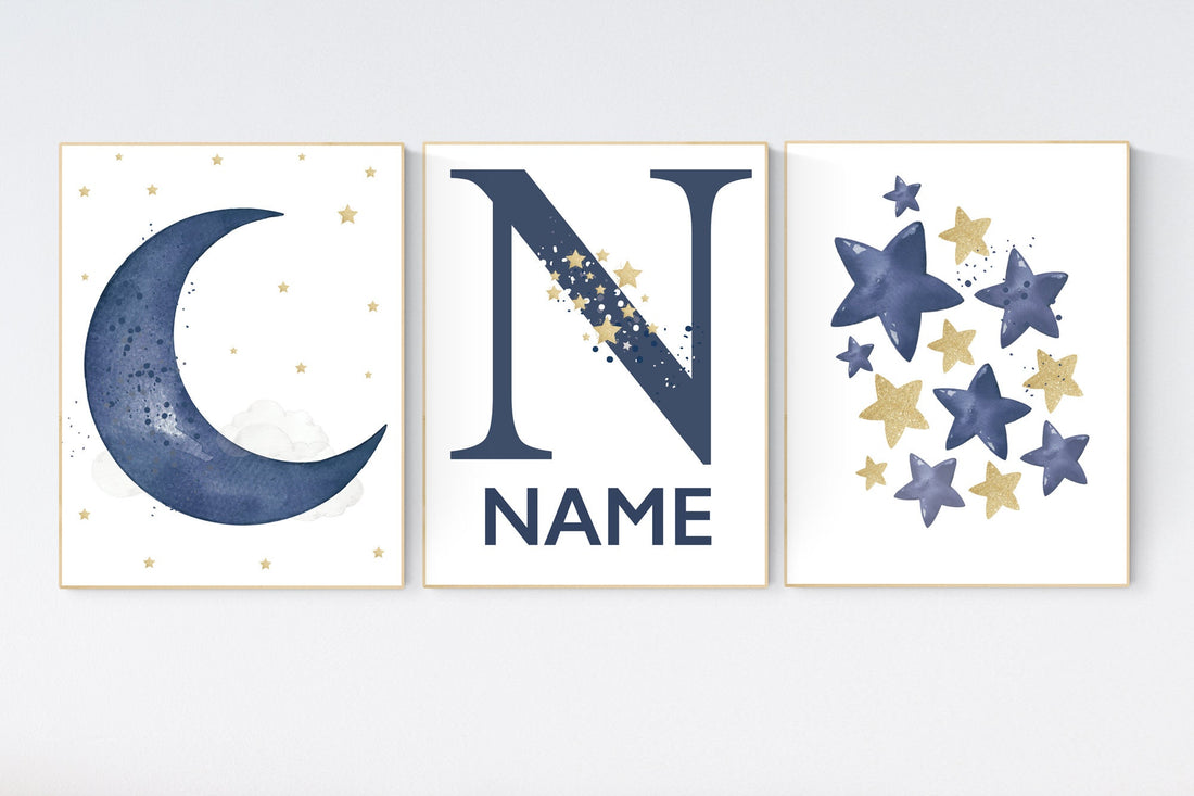 Navy nursery decor, cloud and stars, moon and stars, navy gold nursery art. baby room wall art, boy nursery decor, set of 3, nursery art
