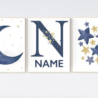 Navy nursery decor, cloud and stars, moon and stars, navy gold nursery art. baby room wall art, boy nursery decor, set of 3, nursery art