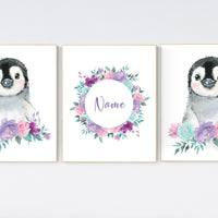 Penguin nursery, girl nursery decor, pink purple teal, girl nursery, baby room wall art, nursery wall art penguin, nursery decor girl