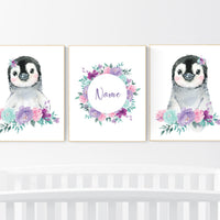 Penguin nursery, girl nursery decor, pink purple teal, girl nursery, baby room wall art, nursery wall art penguin, nursery decor girl