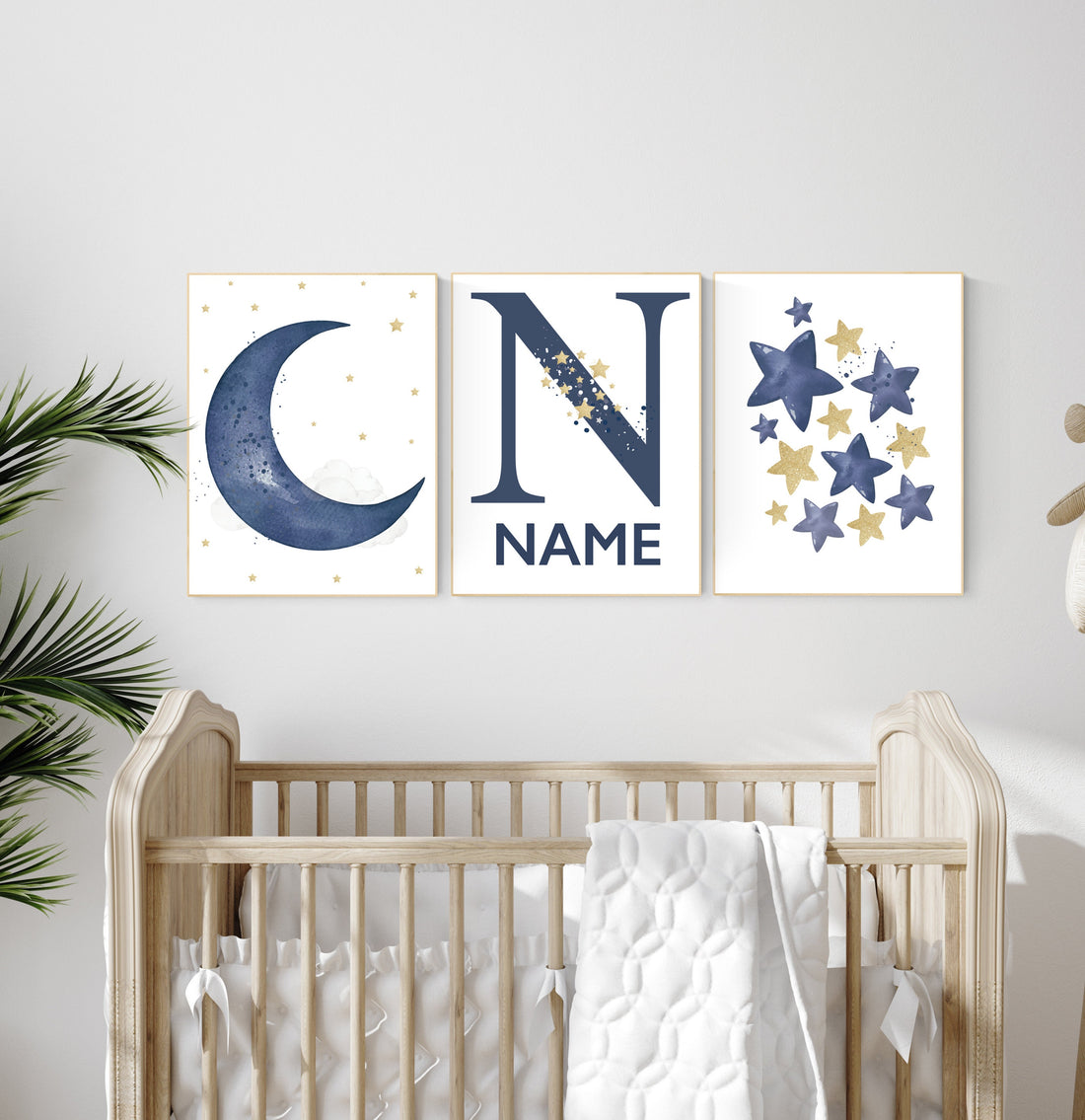 Navy nursery decor, cloud and stars, moon and stars, navy gold nursery art. baby room wall art, boy nursery decor, set of 3, nursery art