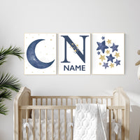 Navy nursery decor, cloud and stars, moon and stars, navy gold nursery art. baby room wall art, boy nursery decor, set of 3, nursery art