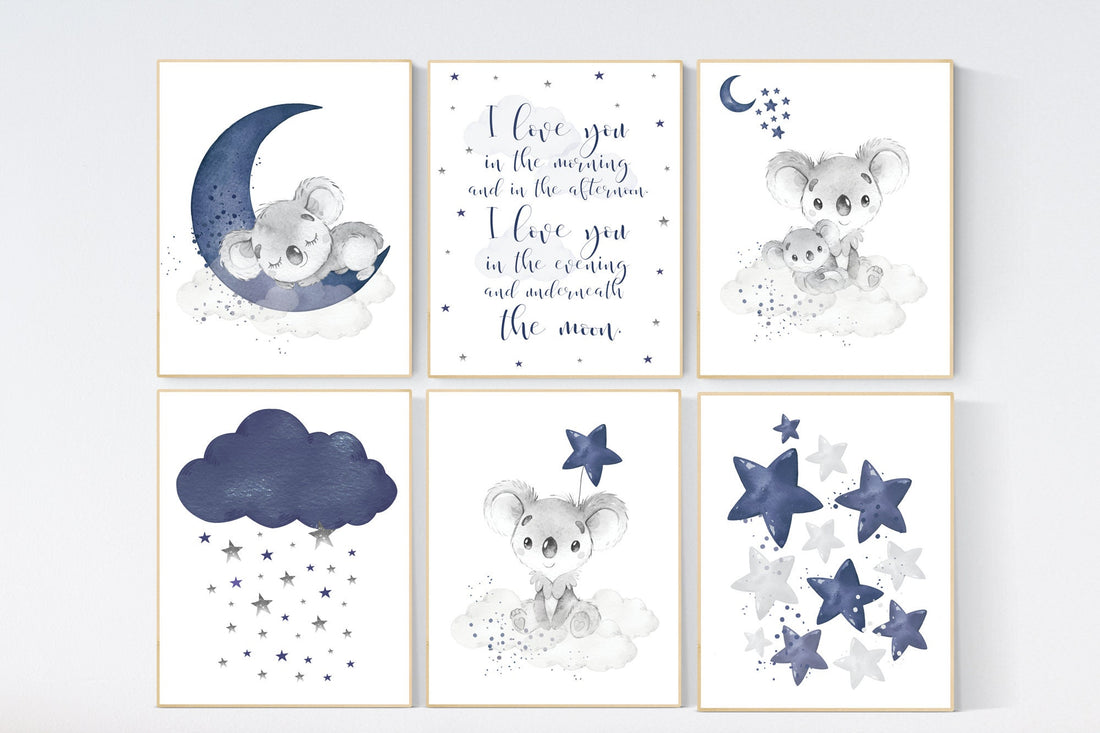 Navy nursery decor, koala nursery, moon and stars, navy blue nursery art, nursery prints animals, boy nursery decor, koala mother and baby