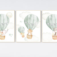 Nursery decor neutral, green, sage green wall art, gender neutral nursery decor, baby room decor, nursery prints neutral, hot air balloon