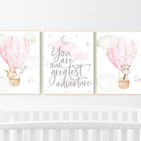 Nursery decor girl woodland, hot air balloon nursery, nursery decor woodland animal, hot air balloon nursery animal, pink nursery print