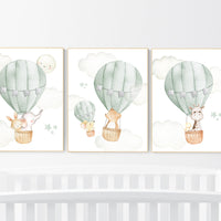 Nursery decor neutral, green, sage green wall art, gender neutral nursery decor, baby room decor, nursery prints neutral, hot air balloon