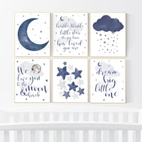 Nursery decor boy, navy nursery wall art boy, boys room decor, navy nursery set, quote prints, boy nursery prints, moon nursery