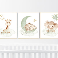 Nursery wall art animals, green nursery, gender neutral nursery, sage green and gold, bear nursery, elephant nursery, giraffe, animal prints