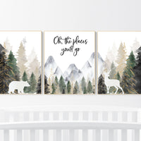 Nursery decor woodland, mountain wall art, tree nursery decor, adventure theme nursery, forest, sage green, beige, woodland animals