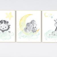 Mint and yellow nursery, nursery wall art neutral, moon and stars nursery, baby room decor, elephant, giraffe, lion, gender neutral prints