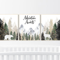 Nursery decor woodland, mountain wall art, tree nursery decor, adventure theme nursery, forest, sage green, beige, woodland animals