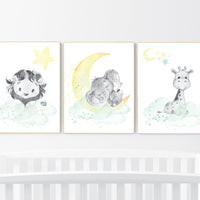 Mint and yellow nursery, nursery wall art neutral, moon and stars nursery, baby room decor, elephant, giraffe, lion, gender neutral prints