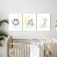 Mint and yellow nursery, nursery wall art neutral, moon and stars nursery, baby room decor, elephant, giraffe, lion, gender neutral prints