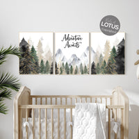 Nursery decor woodland, mountain wall art, tree nursery decor, adventure theme nursery, forest, sage green, beige, woodland animals