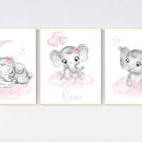 Nursery wall art girl elephant, pink and grey, nursery decor girl pink, moon, stars, nursery prints, baby room decor, girl nursery, animals