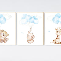 Nursery decor boy, animal prints for nursery, elephant nursery art, bear nursery decor, giraffe nursery print, balloon animal nursery decor