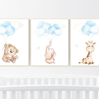 Nursery decor boy, animal prints for nursery, elephant nursery art, bear nursery decor, giraffe nursery print, balloon animal nursery decor