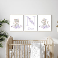Cat nursery print, kitten nursery print, floral nursery, nursery decor girl, nursery art girl, cat print, kittens, purple and grey, lavender