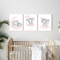 Nursery wall art girl elephant, pink and grey, nursery decor girl pink, moon, stars, nursery prints, baby room decor, girl nursery, animals