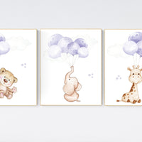 Nursery decor girl purple, animal prints for nursery, lavender nursery, animal nursery prints, balloon nursery, girl nursery room decor