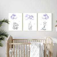 Girl nursery decor, purple nursery, animal prints for nursery, lavender nursery, animal nursery prints, balloon nursery, girls room decor