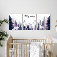 Woodland nursery, girl nursery decor, pink and navy nursery, mountain wall art, tree nursery decor, forest nursery, girl nursery decor