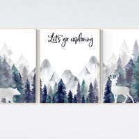 Nursery decor woodland, mountain wall art, tree nursery decor, adventure theme nursery, forest nursery, navy and teal, woodland animals