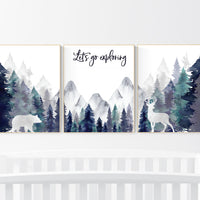 Nursery decor woodland, mountain wall art, tree nursery decor, adventure theme nursery, forest nursery, navy and teal, woodland animals