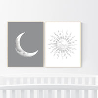 Grey nursery decor, gray nursery decor, sun and moon, grey, moon and stars nursery, gender neutral nursery wall art, sunshine, moon