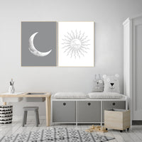 Grey nursery decor, gray nursery decor, sun and moon, grey, moon and stars nursery, gender neutral nursery wall art, sunshine, moon