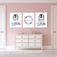 Penguin nursery, girl nursery decor, pink purple teal, girl nursery, baby room wall art, nursery wall art penguin, nursery decor girl