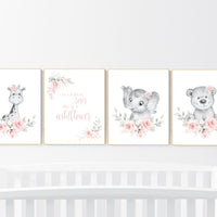 Boho nursery wall art, girl nursery decor, jungle animals, floral nursery, animal nursery prints, flower nursery, girl room decor