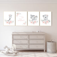 Boho nursery wall art, girl nursery decor, jungle animals, floral nursery, animal nursery prints, flower nursery, girl room decor