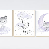 Cat nursery print, kitten nursery print, nursery decor girl, nursery art girl dream big, cat print, purple nursery, lilac nursery