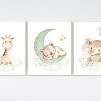 Nursery wall art animals, green nursery, gender neutral nursery, sage green and gold, bear nursery, elephant nursery, giraffe, animal prints